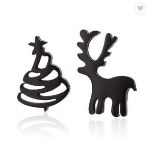 Black Christmas Tree and Reindeer Tiny Mini Stud Earrings